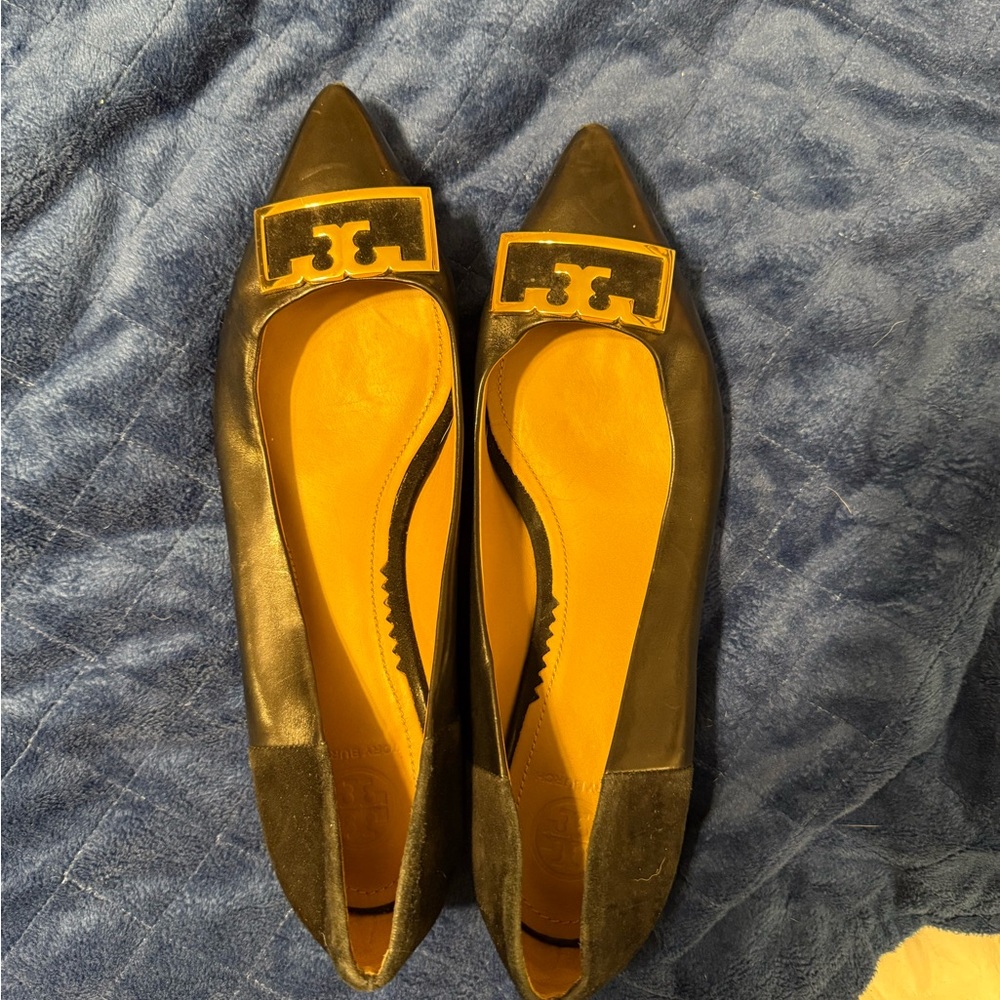 Tory Burch Black Leather Flats with Gold Accent